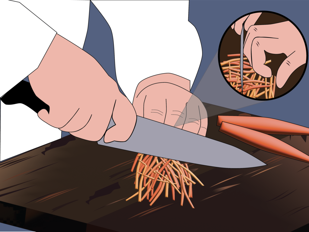 Illustration of a chef's hands demonstrating safe knife skills. One hand is properly holding the chef knife as the other hand is in a claw shape, guiding item being chopped.  
