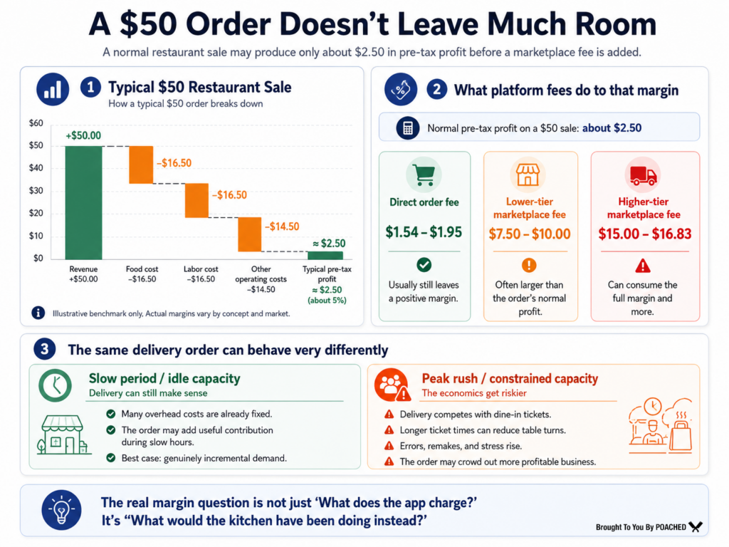 Example restaurant order showing food cost, labor, overhead, profit margin, and how delivery app fees can affect profitability.